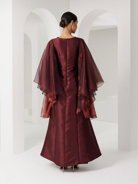 MAROON AND ORANGE PRINTED SEMI-FITTED EXAGGERATED SLEEVE DRESS