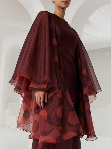 MAROON AND ORANGE PRINTED SEMI-FITTED EXAGGERATED SLEEVE DRESS