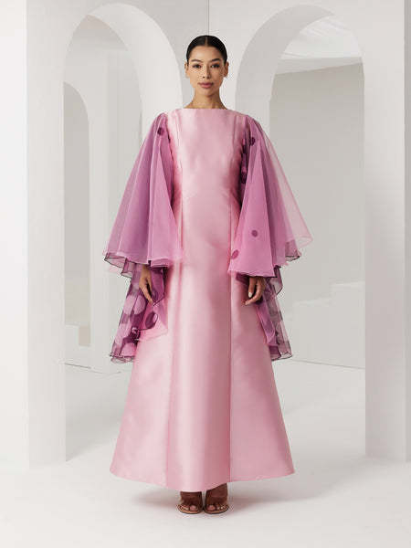 PINK AND PURPLE PRINTED SEMI-FITTED EXAGGERATED SLEEVE DRESS