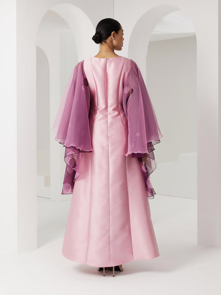 PINK AND PURPLE PRINTED SEMI-FITTED EXAGGERATED SLEEVE DRESS