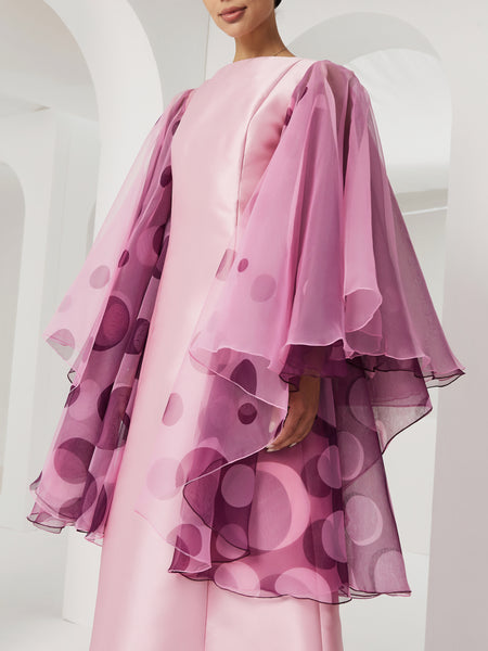 PINK AND PURPLE PRINTED SEMI-FITTED EXAGGERATED SLEEVE DRESS