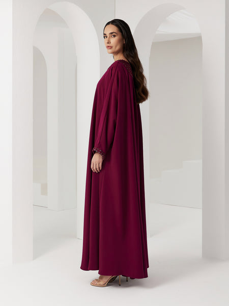 BURGUNDY CREPE LOOSE-FIT HAND EMBROIDERED DRESS