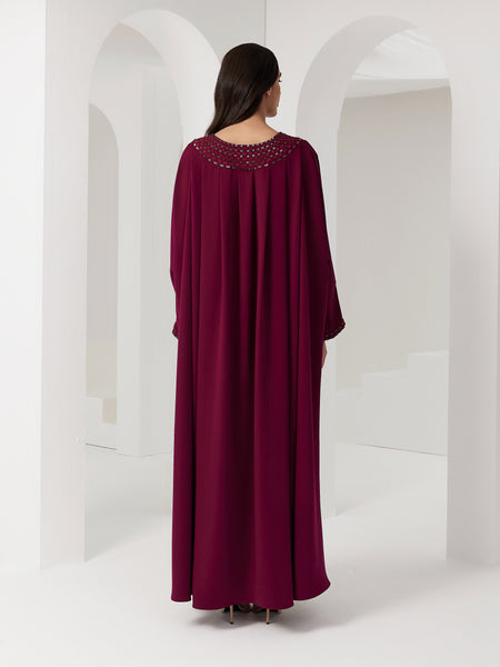 BURGUNDY CREPE LOOSE-FIT HAND EMBROIDERED DRESS