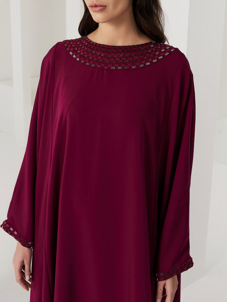 BURGUNDY CREPE LOOSE-FIT HAND EMBROIDERED DRESS