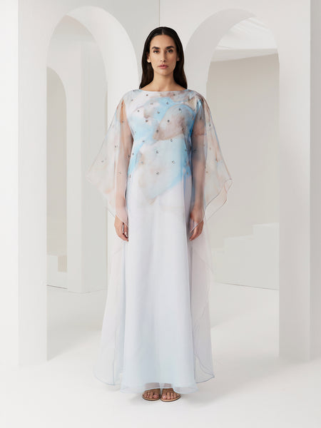 BLUE ORGANZA LOOSE-FIT DRESS WITH EMBROIDERY