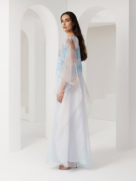 BLUE ORGANZA LOOSE-FIT DRESS WITH EMBROIDERY