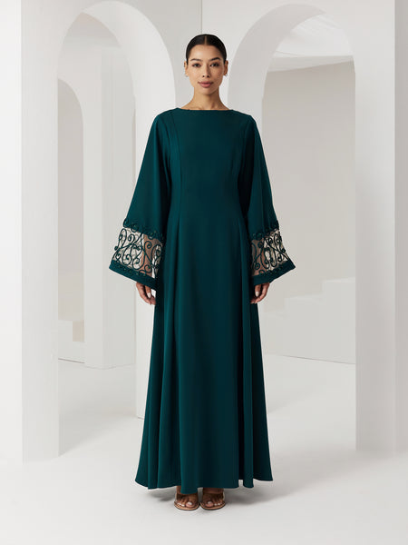 DEEP GREEN CREPE SEMI-FITTED DRESS WITH PIPING EMBROIDERY