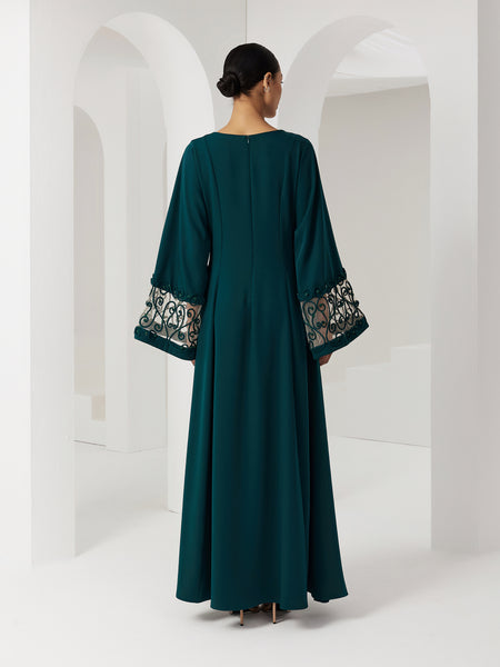 DEEP GREEN CREPE SEMI-FITTED DRESS WITH PIPING EMBROIDERY