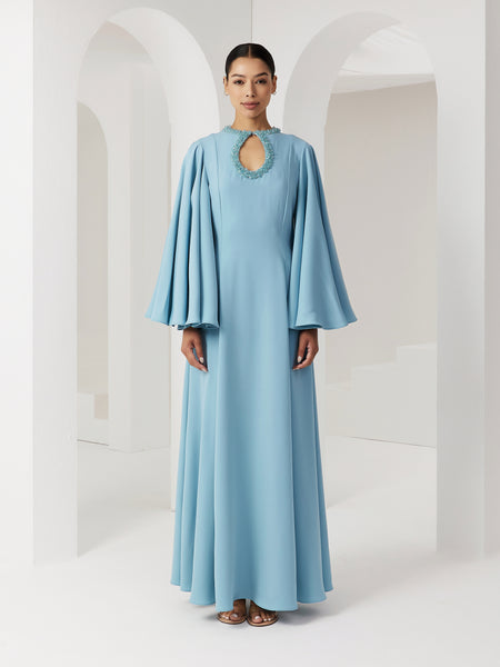 LIGHT BLUE SEMI-FITTED CREPE DRESS WITH EMBROIDERY