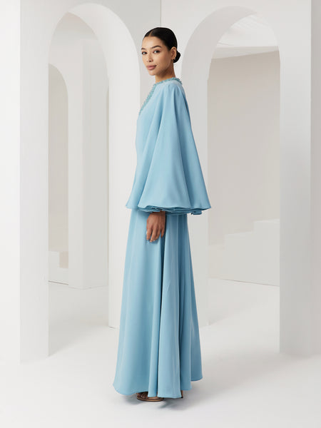 LIGHT BLUE SEMI-FITTED CREPE DRESS WITH EMBROIDERY