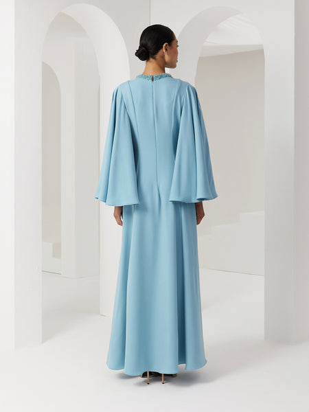 LIGHT BLUE SEMI-FITTED CREPE DRESS WITH EMBROIDERY