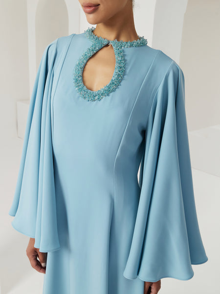 LIGHT BLUE SEMI-FITTED CREPE DRESS WITH EMBROIDERY