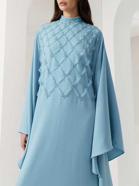 LIGHT BLUE LOOSE-FIT CREPE DRESS WITH EMBROIDERY