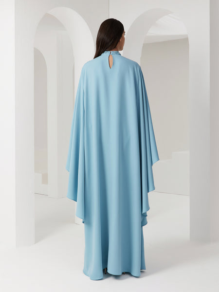 LIGHT BLUE LOOSE-FIT CREPE DRESS WITH EMBROIDERY