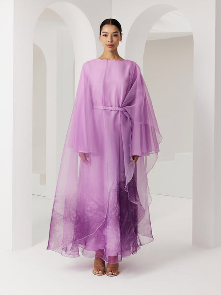 PURPLE PRINTED ASYMMETRIC OVERLAY ORGANZA DRAPED DRESS