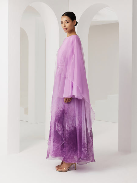 PURPLE PRINTED ASYMMETRIC OVERLAY ORGANZA DRAPED DRESS