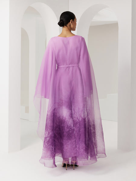 PURPLE PRINTED ASYMMETRIC OVERLAY ORGANZA DRAPED DRESS