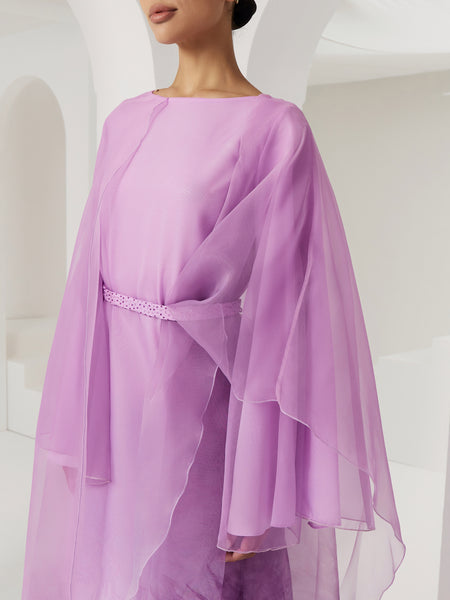 PURPLE PRINTED ASYMMETRIC OVERLAY ORGANZA DRAPED DRESS
