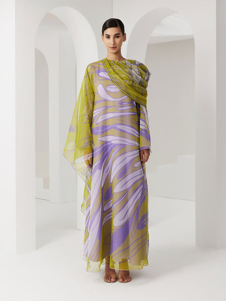 MULTICOLOR ORGANZA DRAPED DRESS WITH BRAIDING