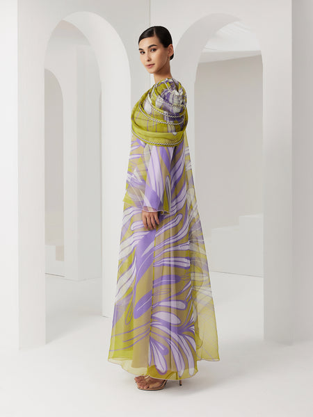 MULTICOLOR ORGANZA DRAPED DRESS WITH BRAIDING