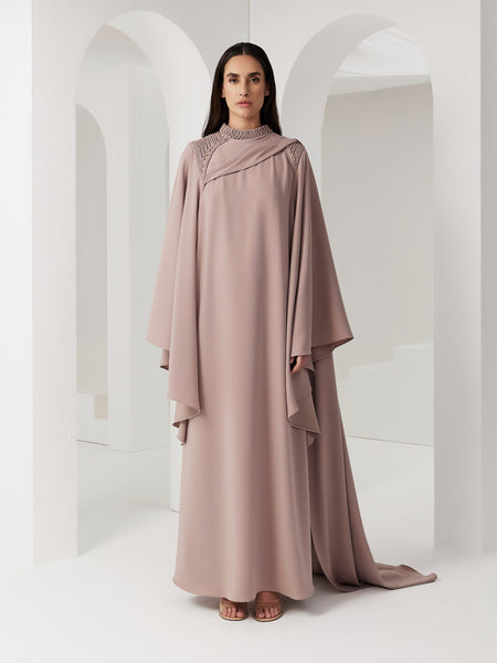 BEIGE CREPE ASYMMETRIC OVERLAY DRESS WITH PIPING EMBROIDERY