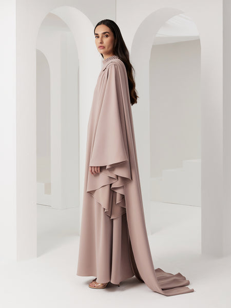 BEIGE CREPE ASYMMETRIC OVERLAY DRESS WITH PIPING EMBROIDERY