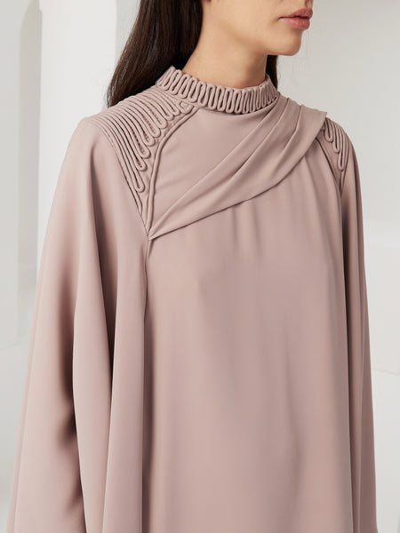 BEIGE CREPE ASYMMETRIC OVERLAY DRESS WITH PIPING EMBROIDERY