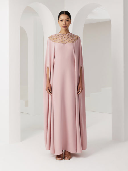 PINK CREPE LOOSE-FIT DRESS WITH PIPING EMBROIDERY AND INNER BELT
