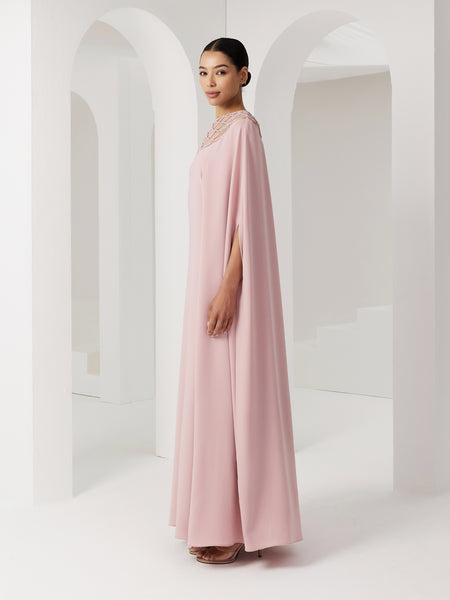 PINK CREPE LOOSE-FIT DRESS WITH PIPING EMBROIDERY AND INNER BELT