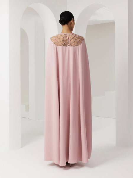 PINK CREPE LOOSE-FIT DRESS WITH PIPING EMBROIDERY AND INNER BELT