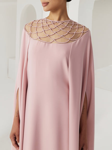 PINK CREPE LOOSE-FIT DRESS WITH PIPING EMBROIDERY AND INNER BELT