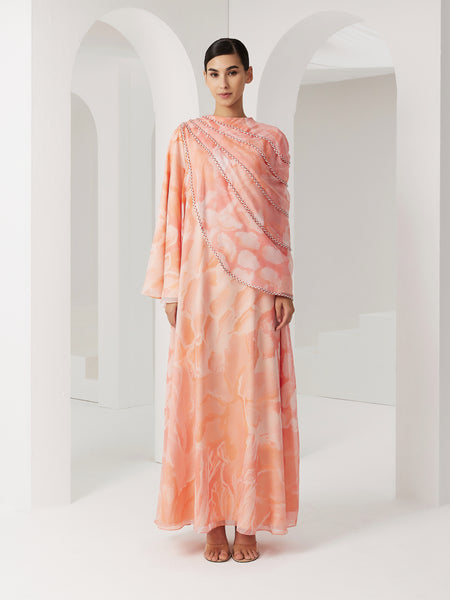 PRINTED CHIFFON MULTICOLOR ASYMMETRIC OVERLAY DRESS WITH BRAIDING