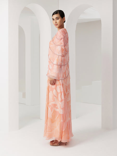 PRINTED CHIFFON MULTICOLOR ASYMMETRIC OVERLAY DRESS WITH BRAIDING