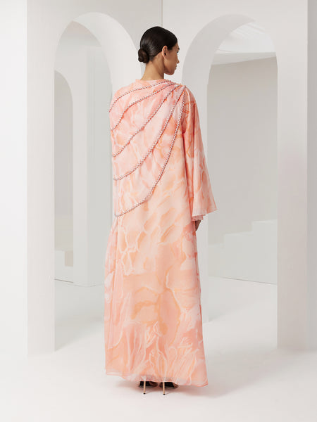 PRINTED CHIFFON MULTICOLOR ASYMMETRIC OVERLAY DRESS WITH BRAIDING