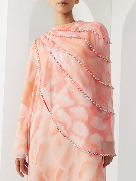 PRINTED CHIFFON MULTICOLOR ASYMMETRIC OVERLAY DRESS WITH BRAIDING