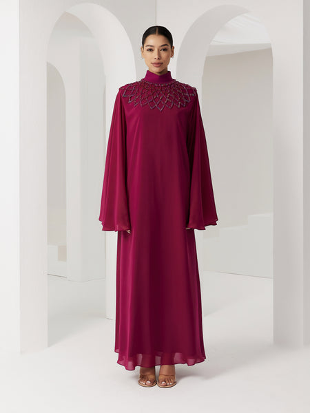BURGUNDY CHIFFON LOOSE-FIT DRESS WITH EMBROIDERY