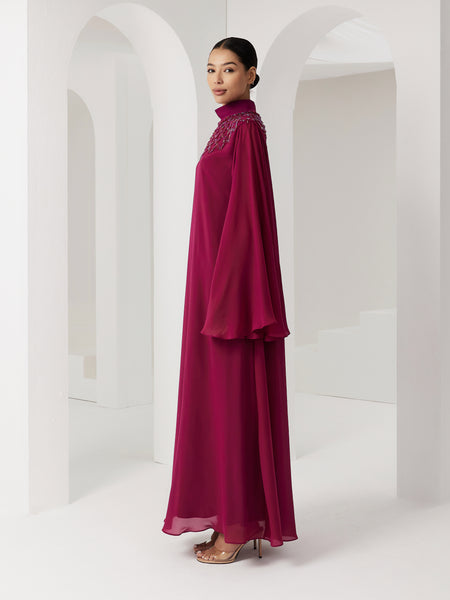 BURGUNDY CHIFFON LOOSE-FIT DRESS WITH EMBROIDERY