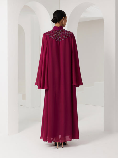 BURGUNDY CHIFFON LOOSE-FIT DRESS WITH EMBROIDERY