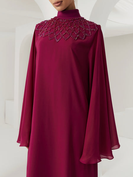 BURGUNDY CHIFFON LOOSE-FIT DRESS WITH EMBROIDERY