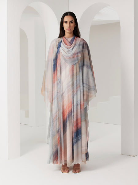 SOFT TULLE PRINTED DRESS WITH ATTACHED CAPE