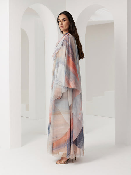 SOFT TULLE PRINTED DRESS WITH ATTACHED CAPE