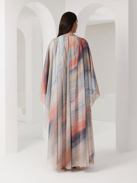 SOFT TULLE PRINTED DRESS WITH ATTACHED CAPE