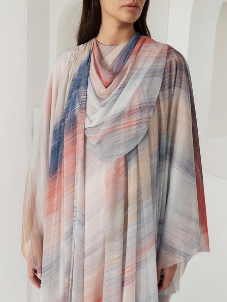 SOFT TULLE PRINTED DRESS WITH ATTACHED CAPE