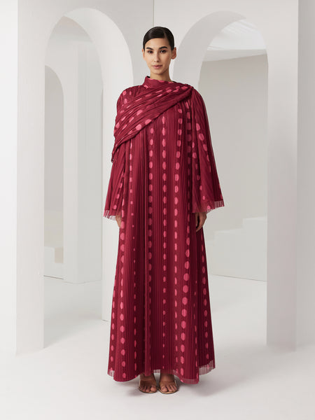 PINK POLKA DOT PLEATED AND PRINTED SOFT TULLE DRESS