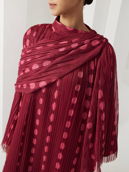 PINK POLKA DOT PLEATED AND PRINTED SOFT TULLE DRESS