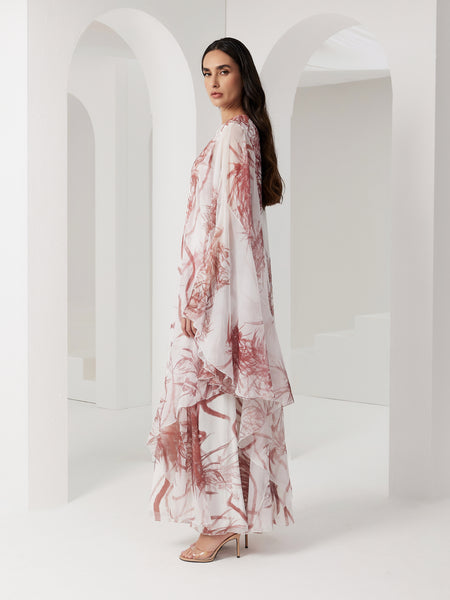 PRINTED CHIFFON MULTI-LAYER SLEEVED DRESS