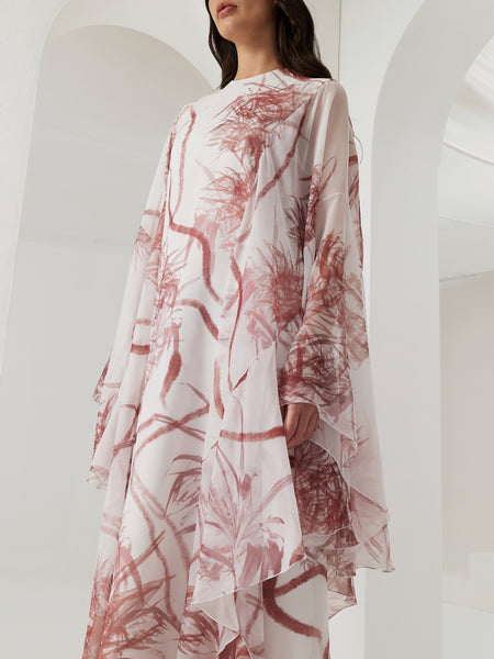 PRINTED CHIFFON MULTI-LAYER SLEEVED DRESS