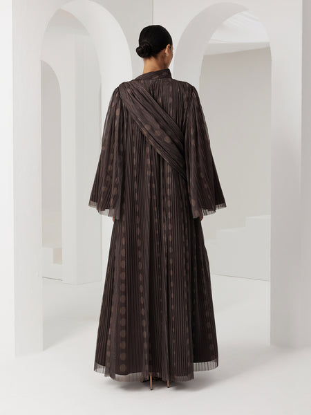 BROWN POLKA DOT PLEATED AND PRINTED SOFT TULLE DRESS