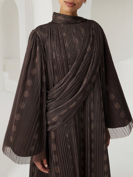 BROWN POLKA DOT PLEATED AND PRINTED SOFT TULLE DRESS