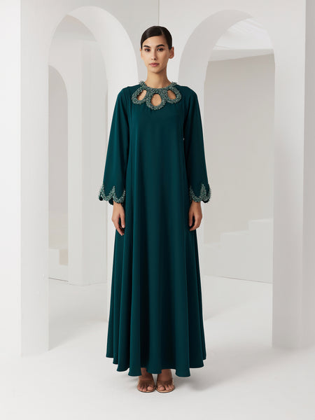 GREEN CREPE LOOSE-FIT DRESS WITH EMBROIDERY